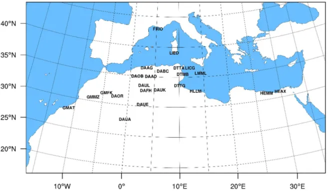Figure  1.  The  model  domain  and  the  network  of  meteorological  stations  in  the  Northern  Sahara  and  the  Mediterranean  basin .Although  some  new  land  cover  classifications  have  been  developed  and  incorporated in the  WRF model [23], 
