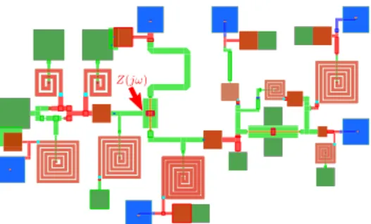 Fig. 6. Lay-out of the MMIC oscillator. The circuit impedance is determined at the location indicated by the arrow.