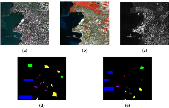 Figure 5. “Haiti” dataset: (a) 1.25 m resolution GeoEye-1 image (RGB true color composition), (b) 2.5 m resolution QuickBird image (RGB false color composition), (c) 5 m resolution synthetic aperture radar (SAR) COSMO-SkyMed stripmap image, (d) training ma