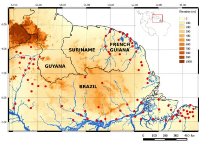 Figure 1. Elevation map of the Guiana Shield. The SRTM30 (Shuttle Radar Topography Mission)  digital elevation model is available at http://www.diva-gis.org/gdata