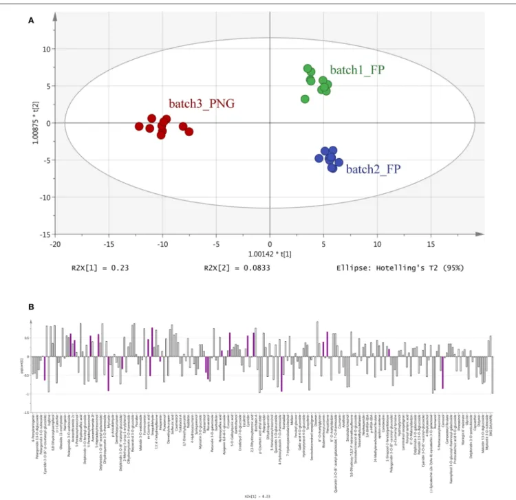 FIGURE 2 | Orthogonal Projections to Latent Structures Discriminant Analysis (OPLS-DA) on vanilla sample phenolic profiles