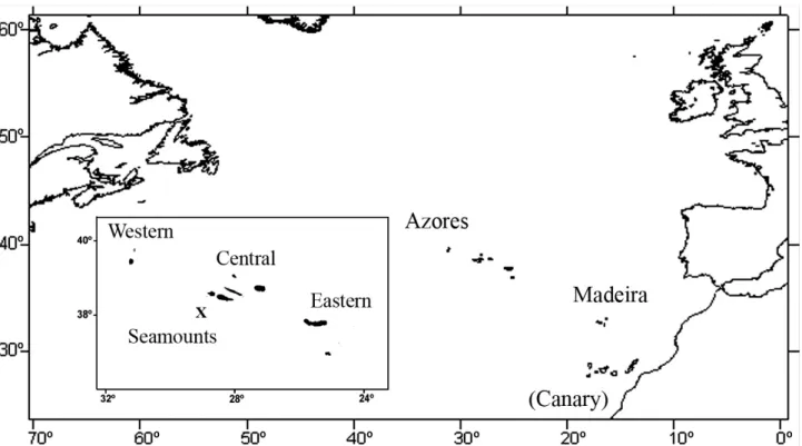 Figure 1. Map of the archipelagos of the Azores and Madeira within the North Atlantic  Ocean, with enlarged map of the Azores showing the three groups of islands and the  seamounts (localized by an X)