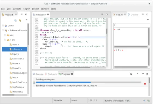 Fig. 1: A screenshot of Coqoon, showing the project viewer, a Coq editor with syntax highlighting, and the goal viewer
