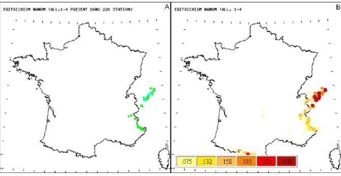 Figure 5 : Comparaison entre les répartitions observées (A) et probables (B) d’Eritrichium nanum (All.) Schrader