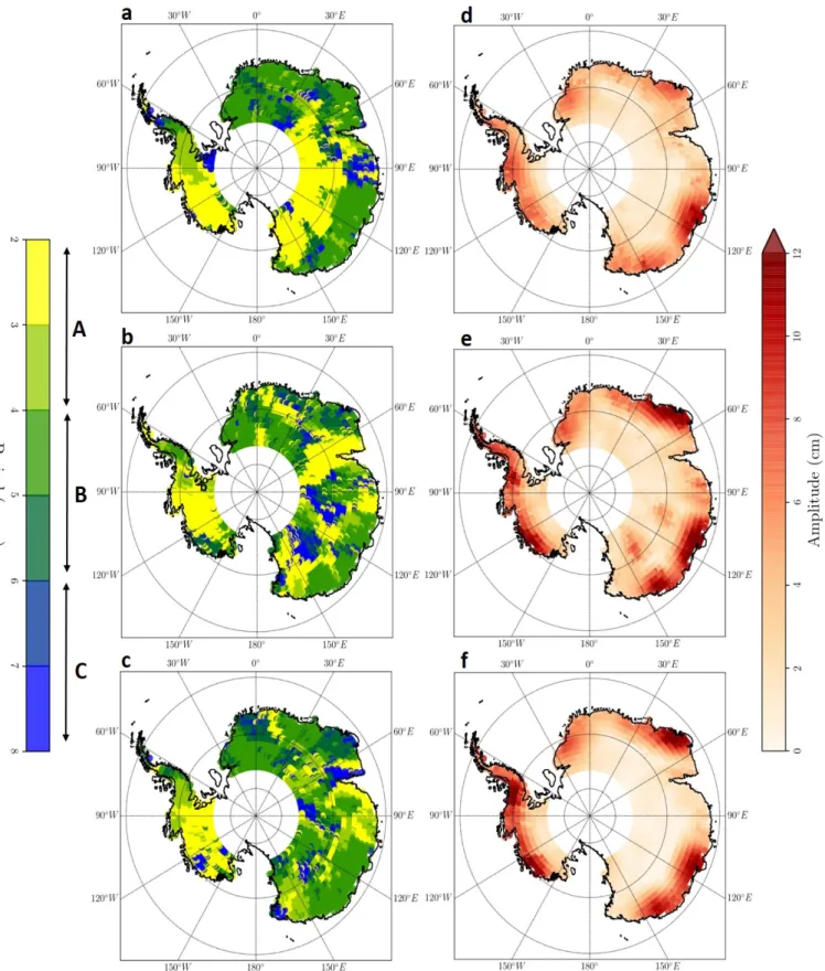 Figure 6. Maps of the periods (left) and amplitudes (right) of the best fitting model for height changes estimated from Envisat (a,d), GRACE in SEH (b,e), and RACMO (c,f) after EMD