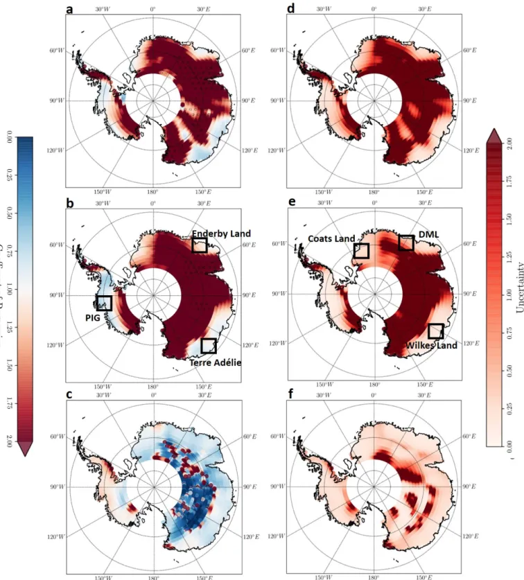 Figure 2. Coefficient of regression (left) and uncertainty (right) maps between height changes estimated from (a,d) Envisat and GRACE in SEH, (b,e) Envisat and RACMO, and (c,f) GRACE in SEH and RACMO, during the period 2002–2010
