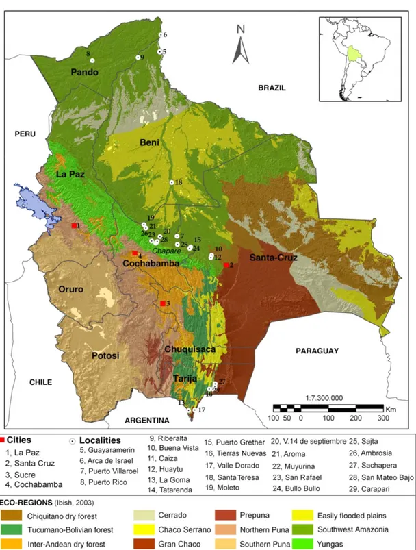 Fig. 1. The nine Departments of Bolivia, eco-regions [following [68]] and localities cited in the text.