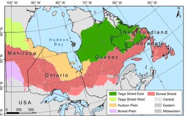 Figure 1. Map of eastern Canada’s boreal forest from Manitoba to Newfoundland showing ecozones in colour