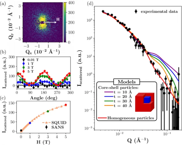 Figure 3: POLSANS measurements performed on the 56 Fe nanoparticles at 5 K. (a) I sc (Q) = I + (Q) − I − (Q) signal obtained on the two-dimensional detector at 5 K and under a magnetic eld of 5 T