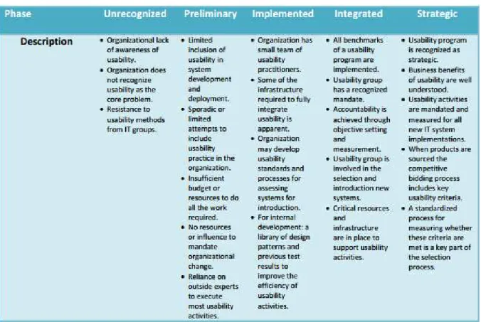 Figure 1. Example of an area of interest (Description) and the characterization of each  maturity level (here the HIMSS Usability Maturity Model) 