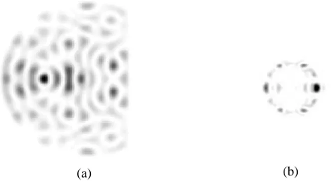 Fig. 11. NF intensity (a) and FF intensity (b) of the signal at the output of the active fiber for a launching initial condition in the direction of the scar with κ t = 23.45/R.