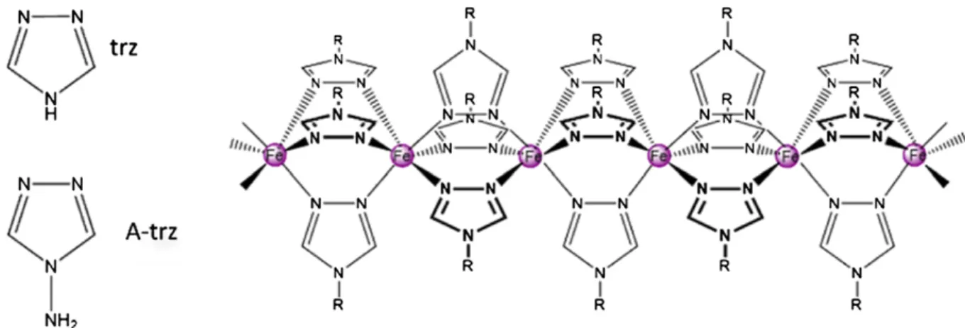 Figure 1. The ligands 1,2,4,4-R-triazole and schematic structure of the [Fe(Rtrz) 3 ] n chain.