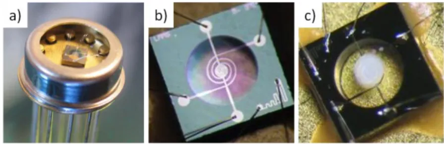Fig. 1. Miniaturized gas sensor substrate (a), silicon platform before (b) and after (c) sensitive layer deposition  2.4