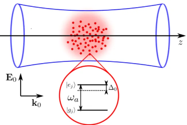 Figure 1. (color online) Experimental configuration considered : a cloud of two level atoms is driven by an incident laser detuned by ∆ 0 from the atomic resonance ω a , with wavevector k 0 .