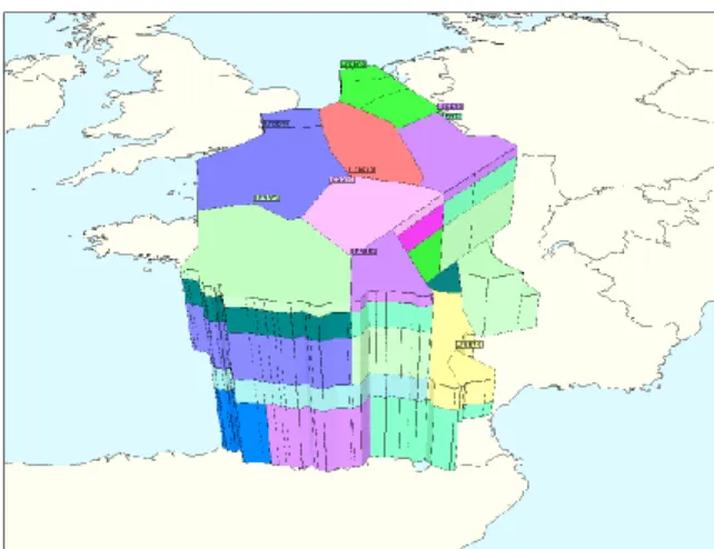 Fig. 5. Airspace filled with non-overlapping elementary sectors, some of which can be merged and operated as a whole during certain time periods depending on the traffic situation.