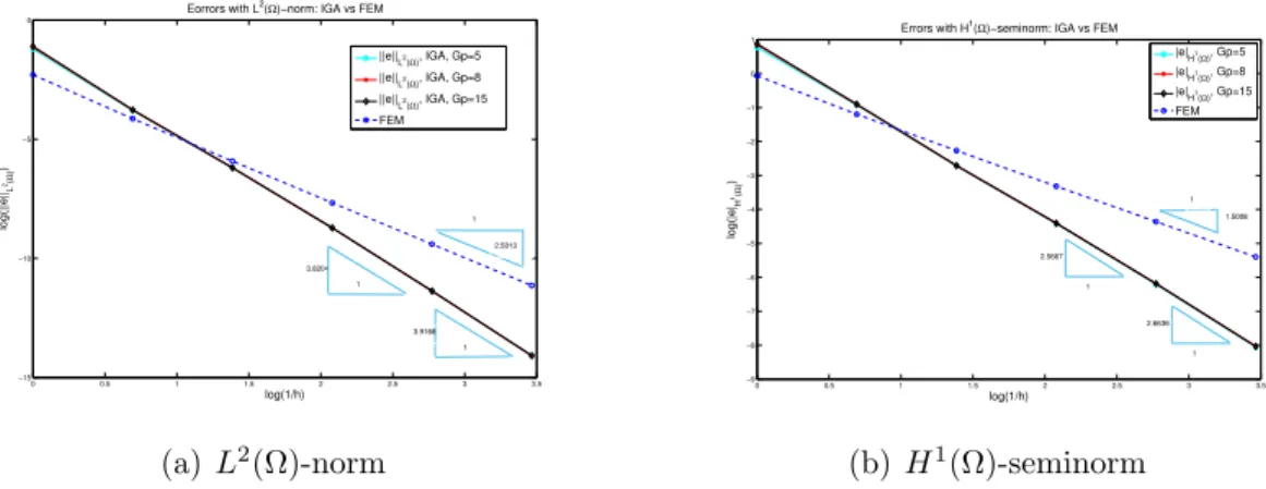 Figure 11: The errors with the L 2 (Ω)-norm and the H 1 (Ω)-seminorm of Example 3.3 (c)