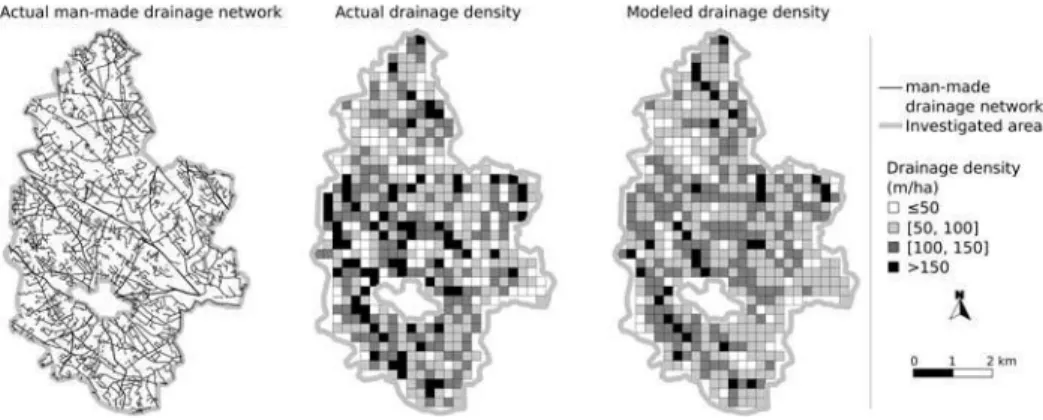 Figure  7.    Maps  of  man-made drainage  networks  and  of  the  actual  and  the  modeled  man-made  drainage densities for the Peyne subcatchment
