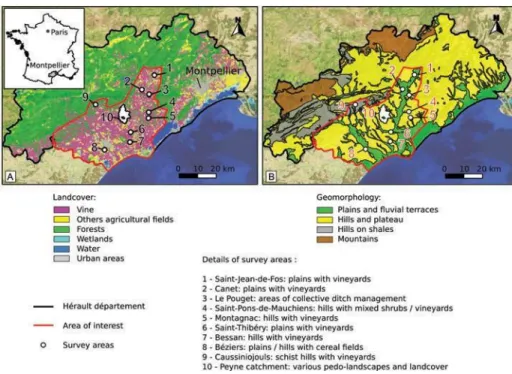 Figure 2.    Study area: the survey areas (number 1–10) are distributed throughout the vineyards (A)  of the Hérault département and the three main cultivated pedo-landscapes (B).