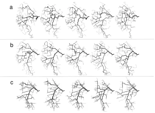 Figure 5: Example of five reconstructed networks using a) r, b) f 2 , c) f 1 +f 2 . All networks are depicted with a line width related to their Strahler orders.