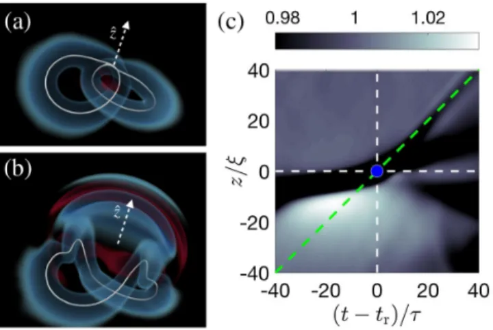 FIG. 3. Three-dimensional rendering of the density field. White contours display the vortices and density fluctuations are  ren-dered in blue-redish colors: (a) reconnection time and (b) at t − t r ≈ 40τ 