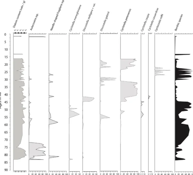 Fig.  59.  Diagram  showing  the  succession  of  Stephanodiscaceae  Glezer  &amp;  Makarova  in  Pleistocene  sediments (0–84 ka) from Lake Petén-Itzá (Guatemala)