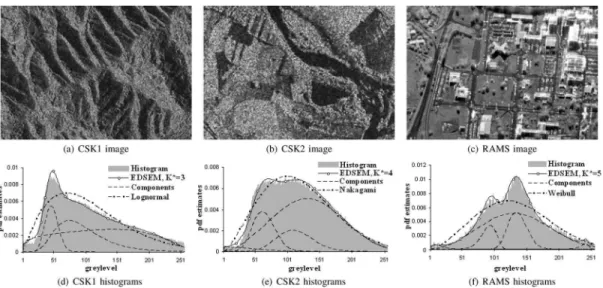 Fig. 1. (a) CSK1, (b) CSK2, and (c) RAMS images with (d)–(f) corresponding plots of pdf estimates