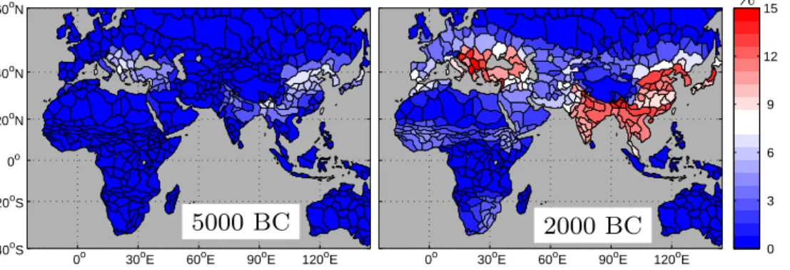 Fig. 3. Fractional crop cover at 5000 BC (left) and 2000 BC (right) simulated by the Global Land use and Technological Evolution Simulator (GLUES, Lemmen, 2009).