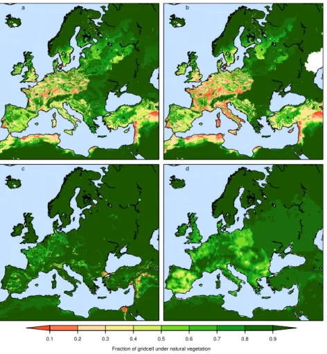 Fig. 4. Anthropogenic land use in Europe and surrounding areas at AD 800 simulated by four different modelling approaches: (a), the Kaplan et al