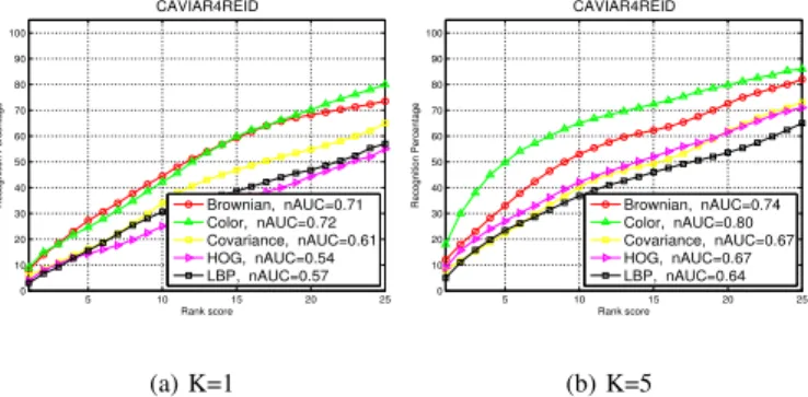 Fig. 8. Comparison of different descriptors using CMC curves on CAVIAR4REID dataset: signatures have been computed using (a) K = 1 and (b) K = 5 images.