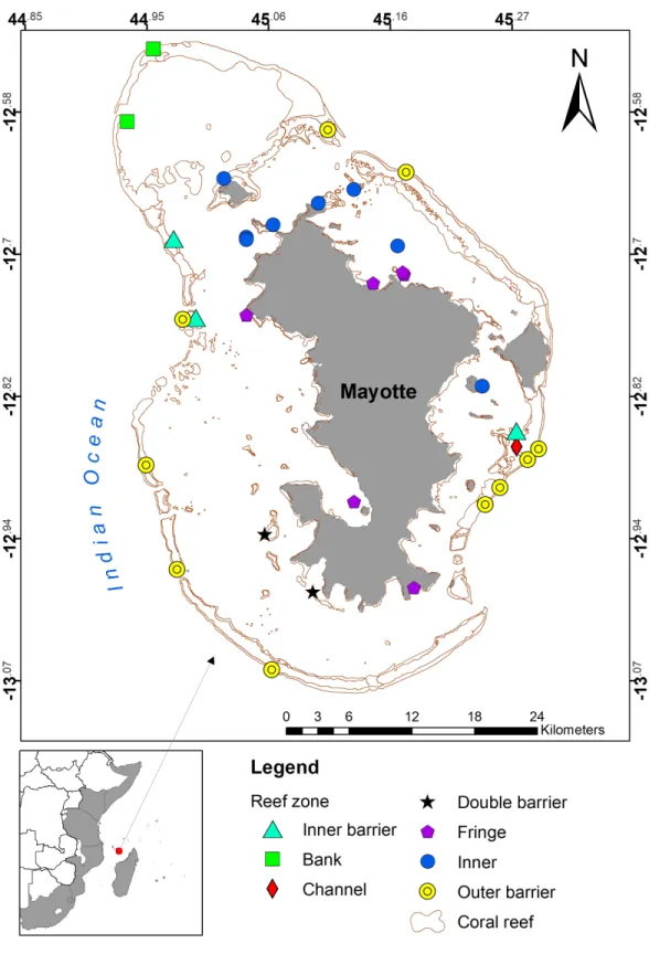 Figure 2 Map of Mayotte, showing the reef and lagoon structure, and sampling sites coded by reef zone (UNEP-WCMC, 2010).