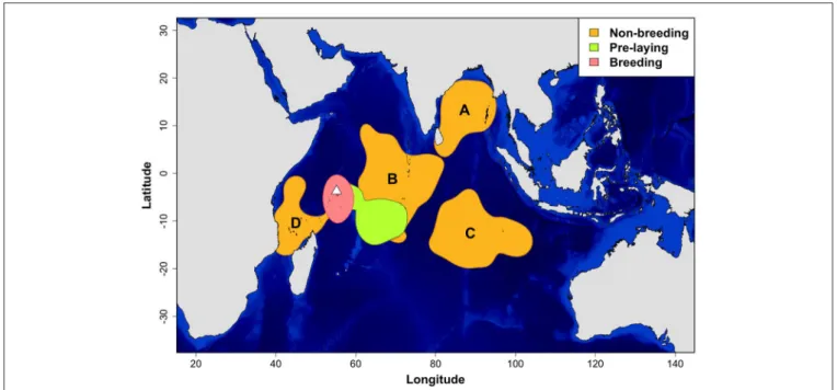 FIGURE 1 | Density distributions of sooty terns (N = 36 birds and 53 annual tracks) from Bird Island (white triangle) during the non-breeding, pre-laying and breeding periods