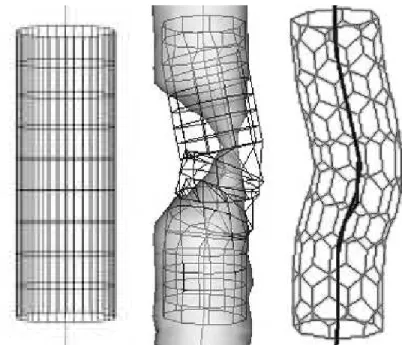 Fig. 4. Stent representation in a straight (left) and curved-centerline region: the geometrical model generates an irregular folded surface due to intersections of contours (middle), a simplex-mesh model generates a regular surface (right).