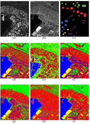 Fig. 3. Second proposed method: (a) Pl´eiades ( c CNES distribution Airbus DS; true-color display), (b) CSK ( c ASI 2011), and (c) RS2 ( c CSA 2011) images, and classification maps obtained using (d) only the Pl´eiades image, (e) the Pl´eiades and CSK imag