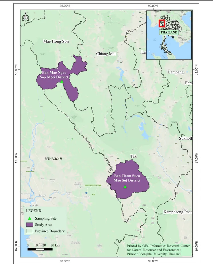 FIGURE 1 | Study site locations in Mae Sot District (Tak Province) and Sop Moei District (Mae Hong Son Province), western Thailand.