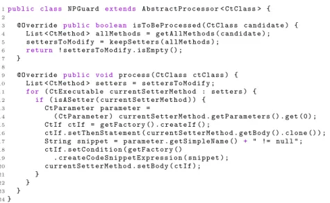 Fig. 2: Spoon: using processors to rewrite Java code (NPGuard.java, R np ))