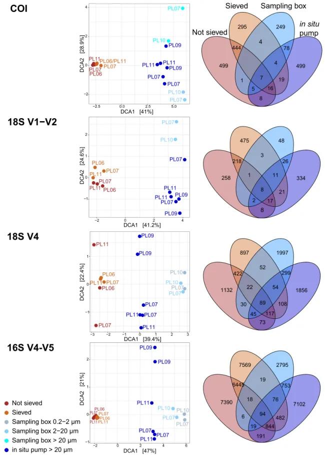 Figure 4.  Detrended Correspondence Analyses (DCA) ordinations (left) and Venn diagrams (right), showing  differences in community compositions detected by deep-sea sediment (brown) and aboveground water (blue)  for metazoans (COI and 18S V1–V2), micro-euk