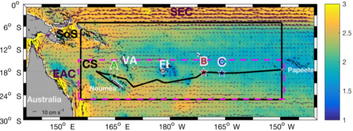 Figure 1. Mean eddy kinetic energy (log scale, colour bar) with surface velocity (arrows in cm s −1 ) computed for 10 years (2005–2015) from total altimetry-derived surface velocity field