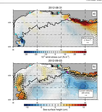 Fig. 9 Top panel: simulated wind-stress (arrows) and wind-stress curl (color shadings) during intrusion I2