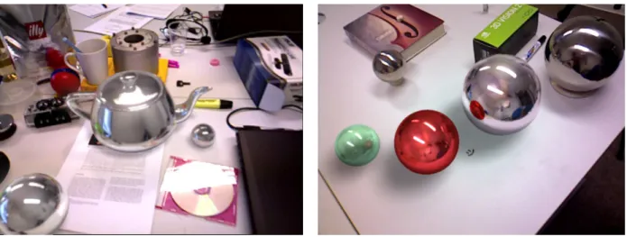Figure 1: Realistic HDR reflections on several virtual objects with shadow casting, rendered in real-time from live video stream