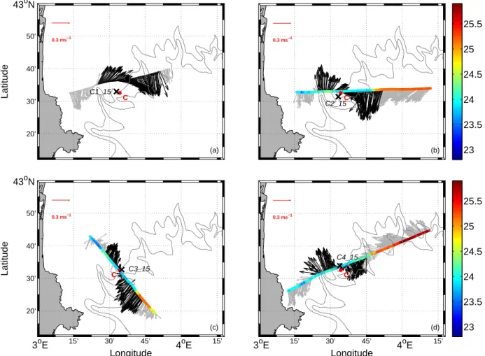 Figure 2. ADCP current vectors at 15m depth for Transect 1 (a), Transect 2 (b), Transect 3 (c) and Transect 4 (d)