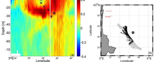 Figure 4. (a) Vertical section (depth versus longitude) of the tangential component (clockwise, positive) of the horizontal currents [m s −1 ] for Transect 3