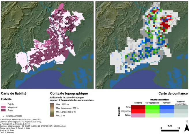 Fig. 3. Fiabilité de la distribution spatiale des données archéologiques : cartes de fiabilité et de  confiance