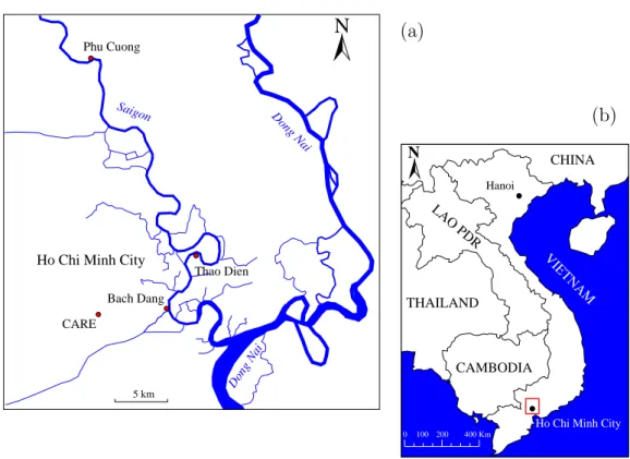 Figure 1: Location of the study site: the low elevation coastal zone of the Saigon River system, including the Saigon and Dong Nai rivers and Ho Chi Minh City (red points correspond to the position of pressure gauges).