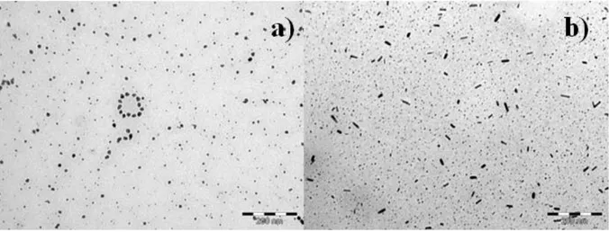 Figure 5. Co nanoparticles obtained with P41Boba polymer after 17 h at 120 °C for  (a) Boba:HDA:Co = 0.65:1:1 (1.25 wt% Co); (b) Boba:HDA:Co = 0.16:1:1 (4 wt% Co)