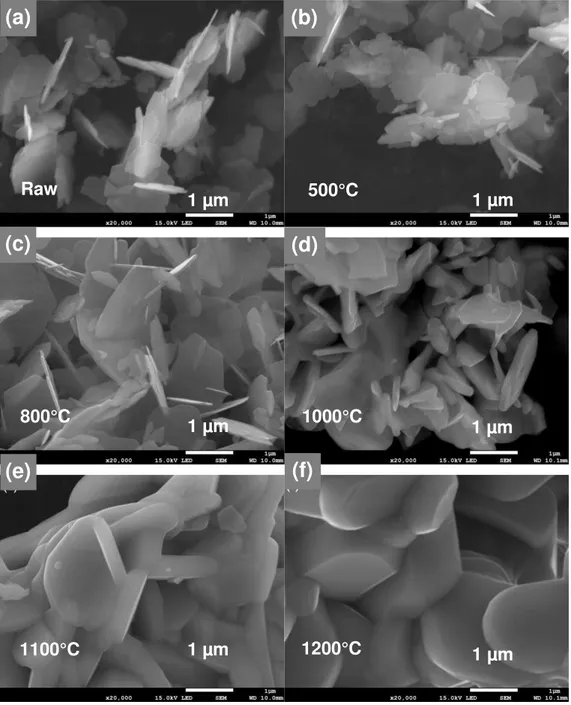Figure 3. SEM images of M-SrFe 12 O 19  powders As-prod (a) and annealed for 1 h at 500°C (b),  800°C (c), 1000°C (d), 1100°C (e) and 1200°C (f)