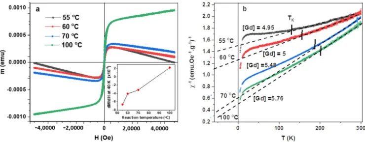 Figure 6. (a) The intrinsic diamagnetic response of the nanotubes is reduced with increasing temperature; indicating dis- dis-ruption of the conduction π-electron network as more Gd-DTPA is attached to the nanotubes, evident through the increase  in slope 