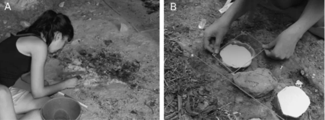 Figure 6. A, Excavation of a recent cave entrance hearth. Note that the excavator is reserving half of the combustion structure for sampling