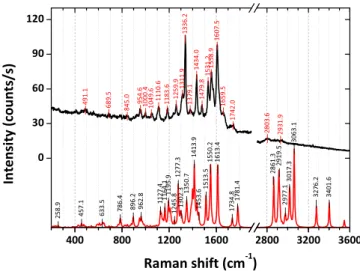 Figure 5. SERS spectrum of DsRed dehydrated protein layer deposited from solution with DsRed concentration of 0.05 g l −1 ( 400 nM ) ( black line ) and DFT-simulated Raman spectrum of the DsRed chromophore in con ﬁ guration A ( red line ) 