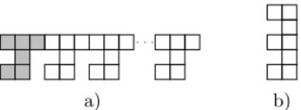 Fig. 1. a) a 2-polyomino corresponding to a partially directed animal with k +1 sources (k is the number of repetitions of the gray pattern)