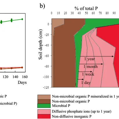 Figure   8.   (a):   Flux   of   phosphate   ions   at   the   solid-­‐solution   interface   in   a   sample   from   the   soil   surface   layer   (0-­‐15    cm),   quantified   in   batch   experiments   and   incubations   using    32 P   and    33 P 